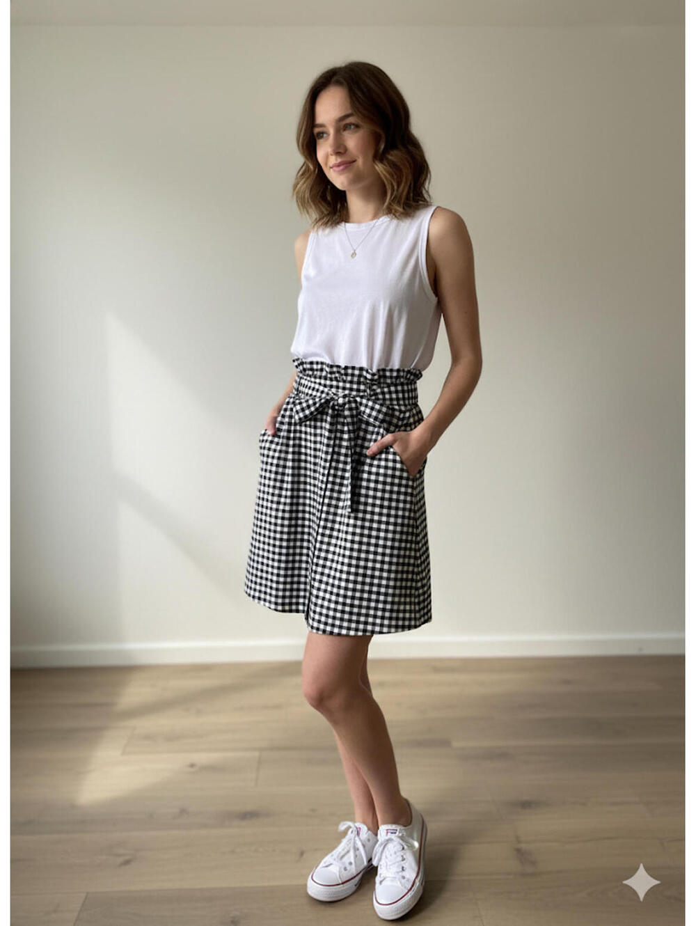 Cynthia Rowley Black & White Gingham Paperbag Skirt Tie Belt